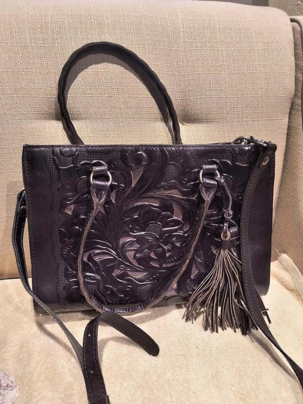 Patricia Nash Adeline Tote Black Floral Fringe Tote